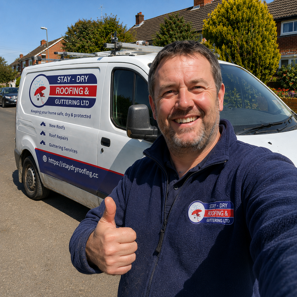 Mark Loveridge, owner of Stay Dry Roofing & Guttering Ltd, standing beside the company van in Oxfordshire